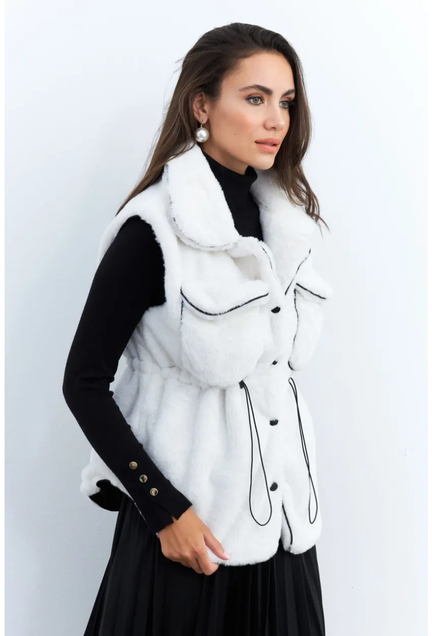 Kadın Ekru Suni Kürk Cepli Yelek MK66