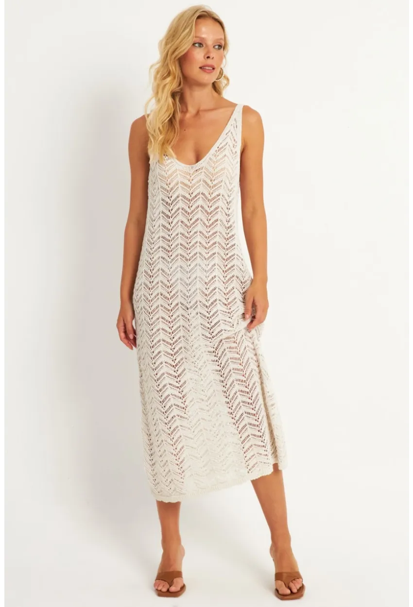 Kadın Ekru Triko Midi Plaj Elbisesi HC1482