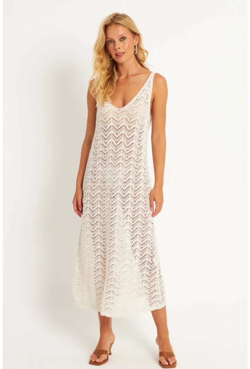 Kadın Ekru Triko Midi Plaj Elbisesi HC1482