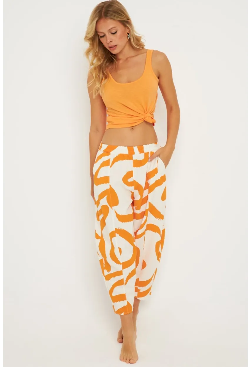 Kadın Ekru-Turuncu Desenli Keten Şalvar Pantolon K1253