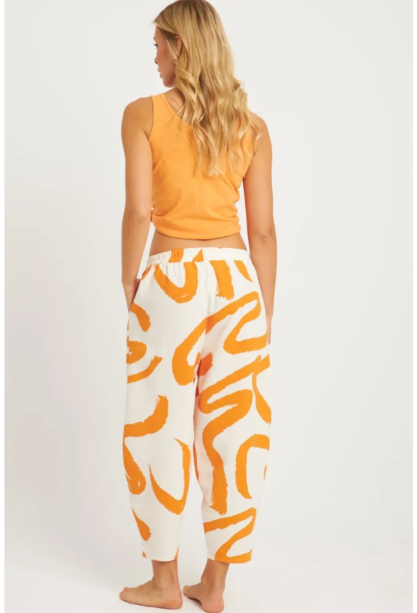 Kadın Ekru-Turuncu Desenli Keten Şalvar Pantolon K1253