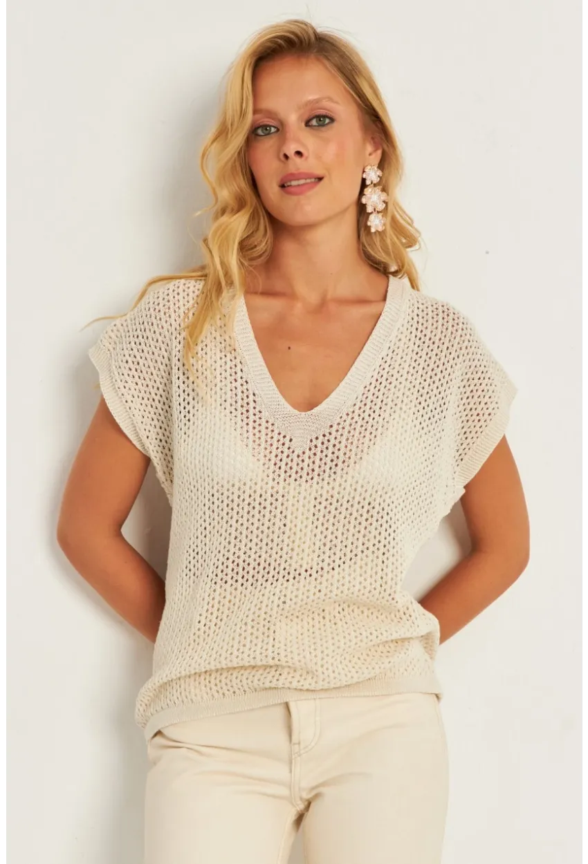 Kadın Ekru V Yaka Fileli Bluz SMT230