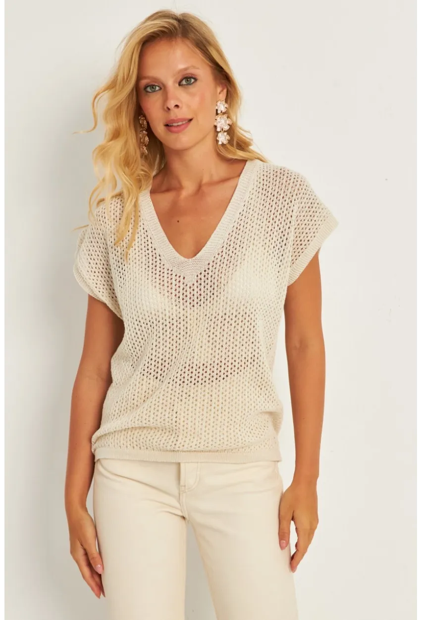 Kadın Ekru V Yaka Fileli Bluz SMT230