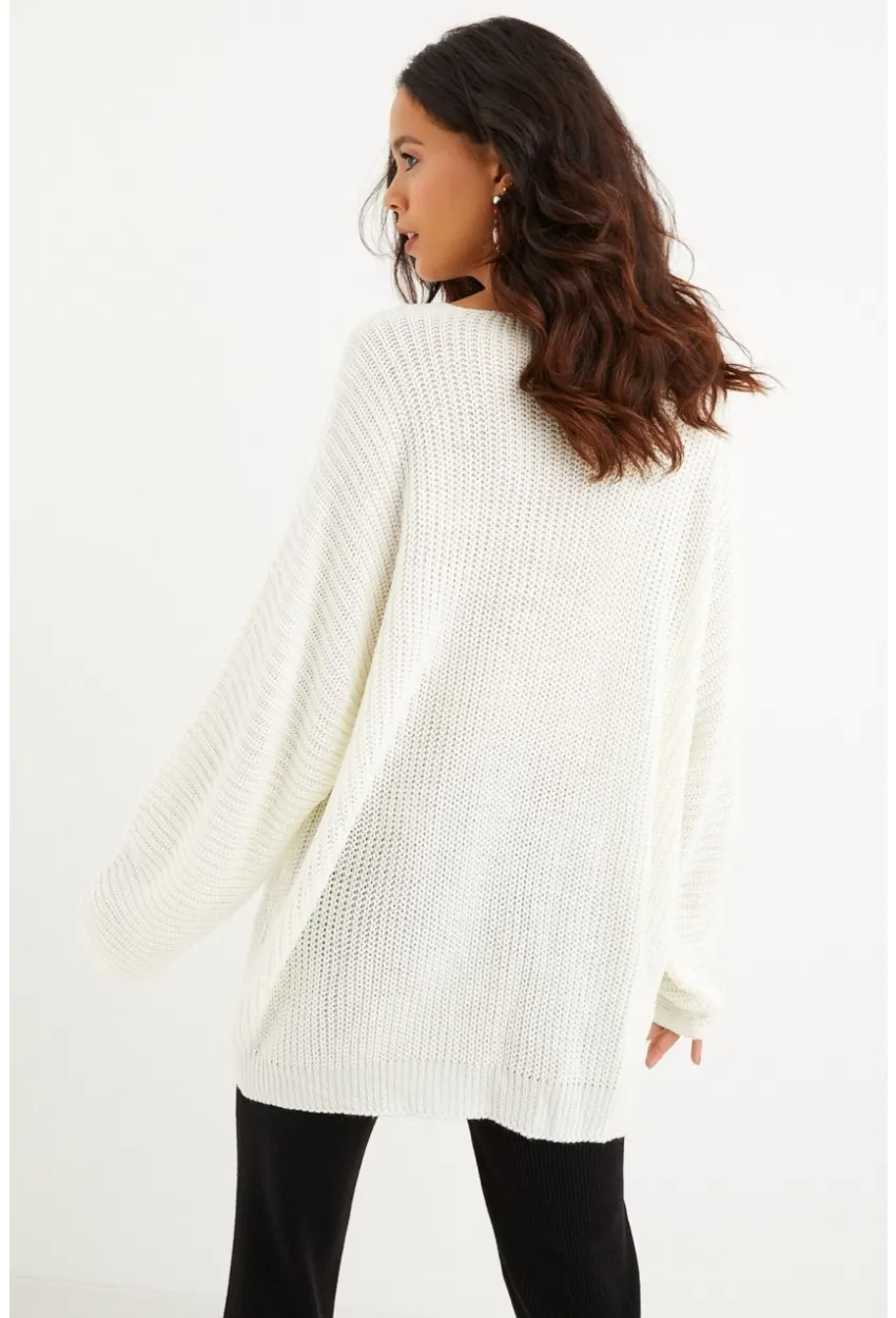 Kadın Ekru V Yaka Salaş Oversize Triko Tunik SMT158