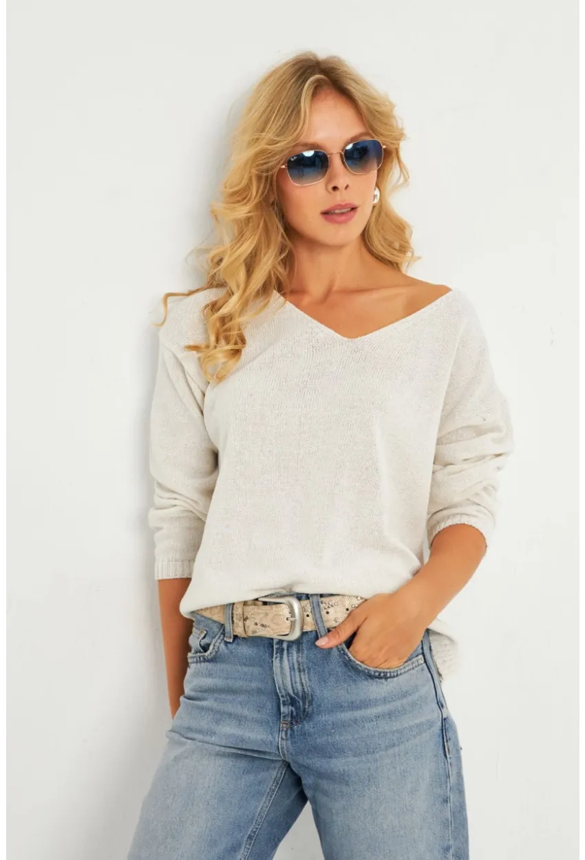 Kadın Ekru V Yaka Triko Bluz YV282