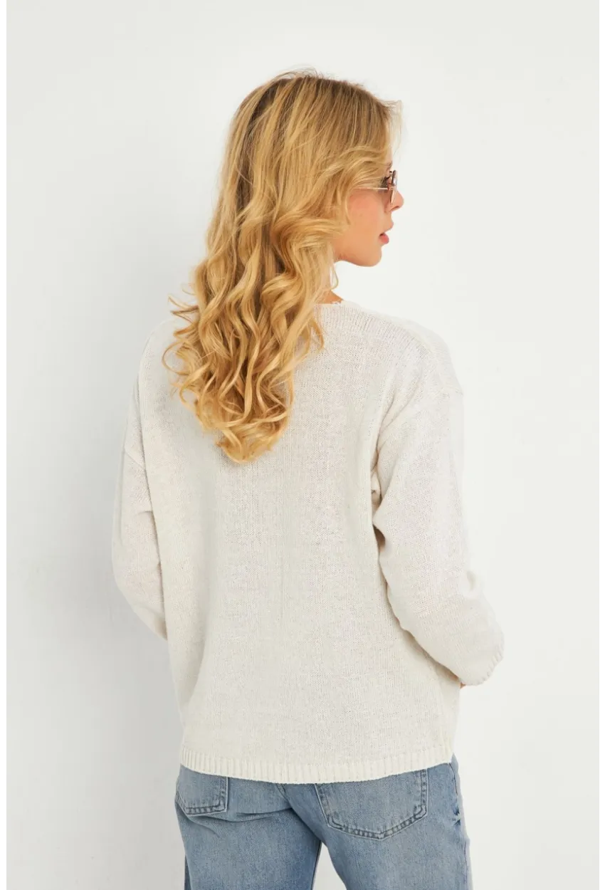 Kadın Ekru V Yaka Triko Bluz YV282