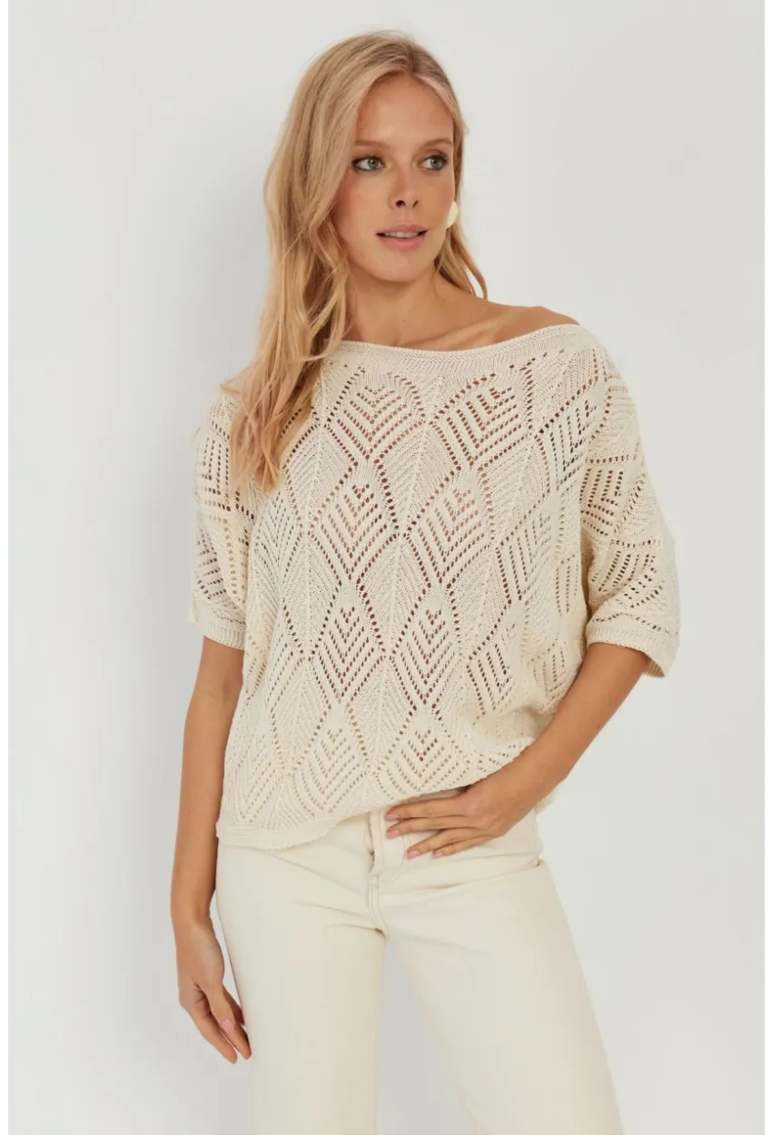 Kadın Ekru Yarasa Kol Ajurlu Triko Bluz YZ621