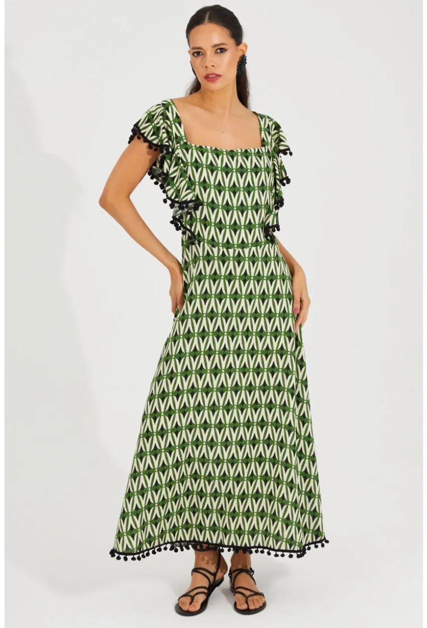 Kadın Ekru-Yeşil Sırtı Gipeli Kare Yaka Elbise BK1650