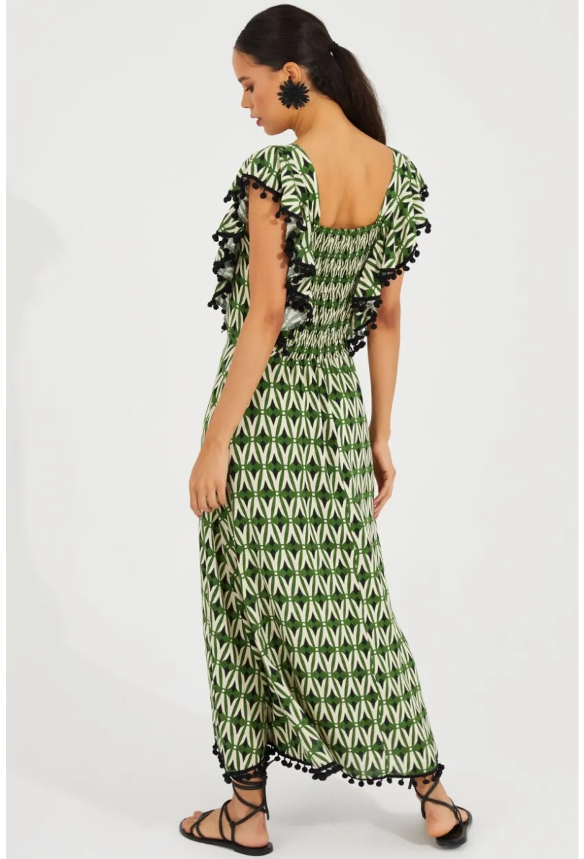 Kadın Ekru-Yeşil Sırtı Gipeli Kare Yaka Elbise BK1650