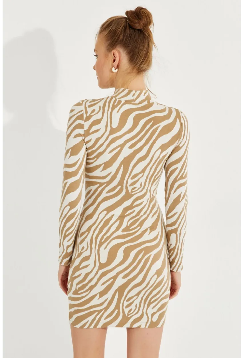 Kadın Ekru Zebra Desenli Mini Elbise AYD249