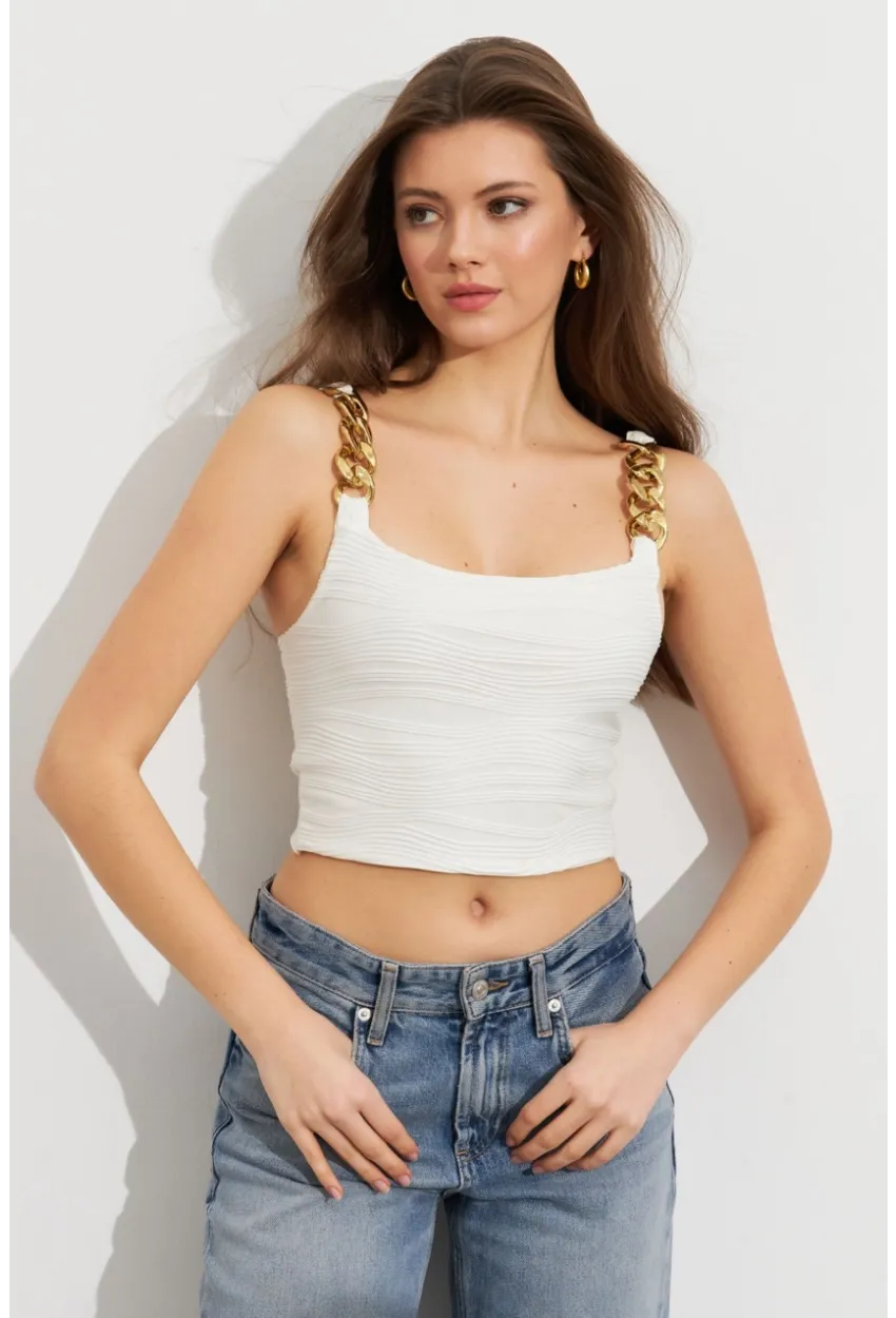 Kadın Ekru Zincir Askılı Astarlı Crop Bluz LİT109