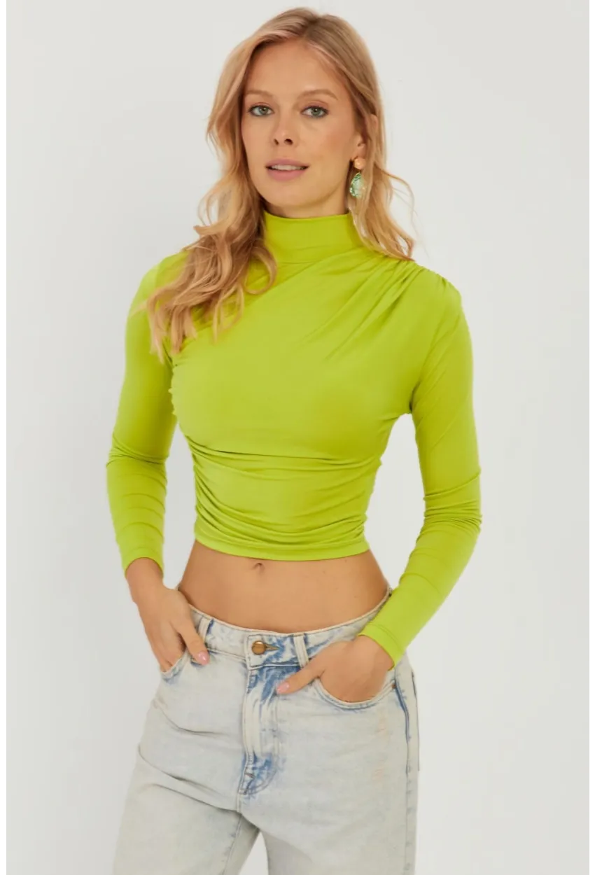 Kadın Fıstık Yeşil Büzgülü Kısa Bluz MEN2023-90