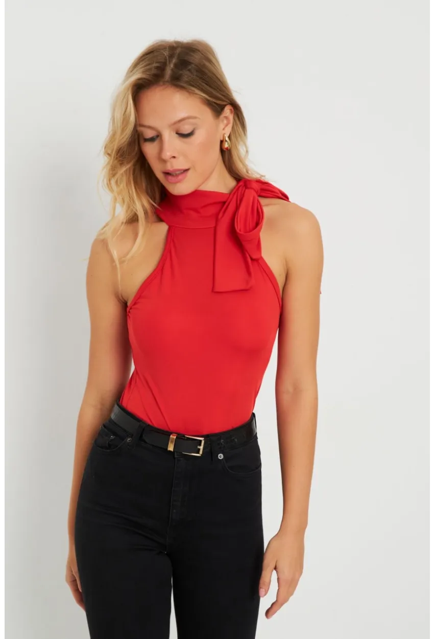 Kadın Fiyonklu Crop Bluz Kırmızı EY2726