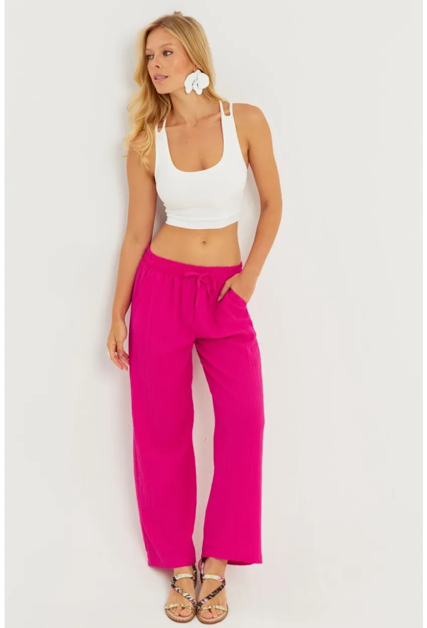 Kadın Fuşya Beli Lastikli Bürümcük Pantolon ZER405
