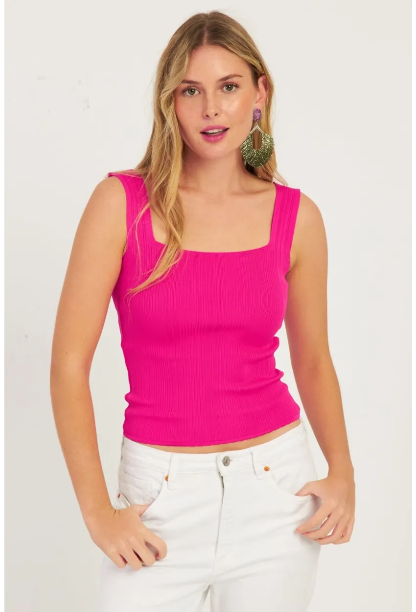 Kadın Fuşya-Beyaz İkili Kare Yaka Triko Bluz SMT226