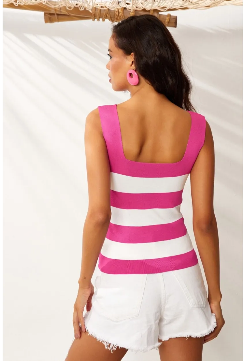 Kadın Fuşya-Beyaz Kare Yaka Triko Bluz YV80