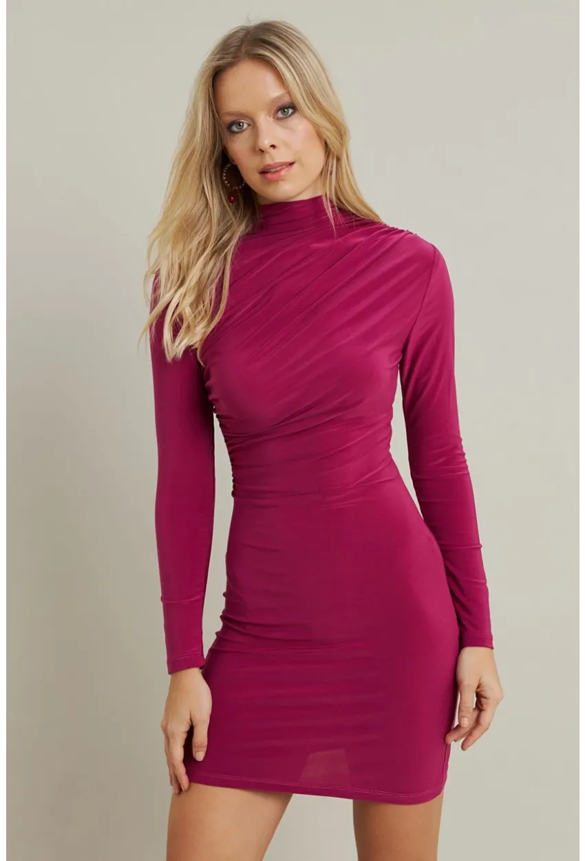 Kadın Fuşya Büzgülü Dik Yaka Mini Elbise ELT3138-90