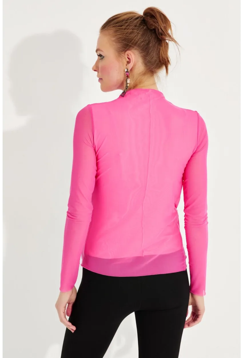Kadın Fuşya Büzgülü Drapeli Tül Bluz LPP1244