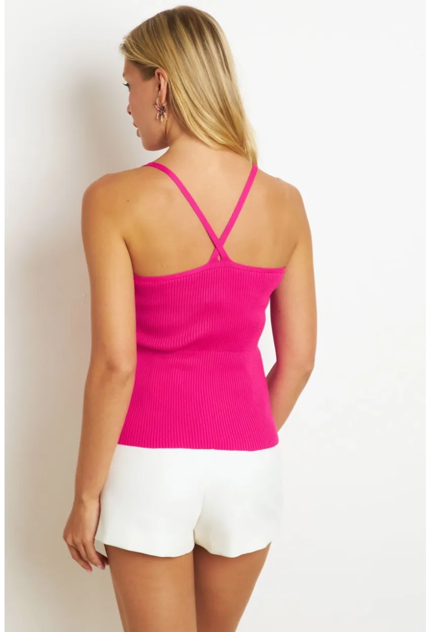 Kadın Fuşya Çapraz Askılı Triko Bluz KAZ07