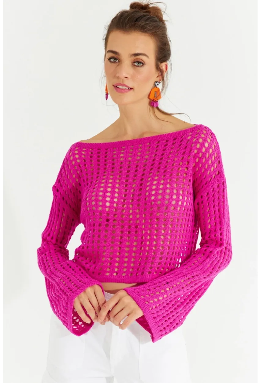 Kadın Fuşya İspanyol Kol Ajurlu Triko Kısa Bluz SMT181