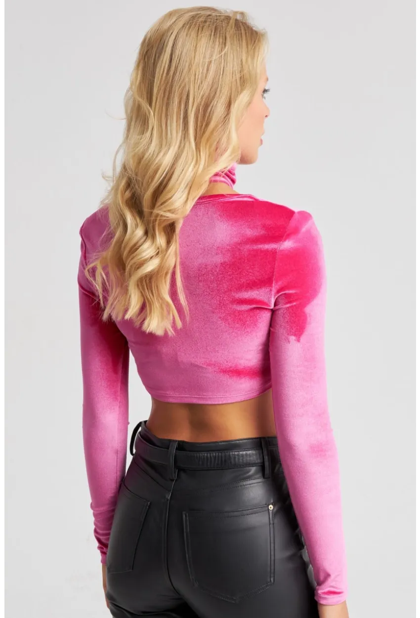 Kadın Fuşya Kare Yaka Boyunluklu Kadife Crop Bluz B2867