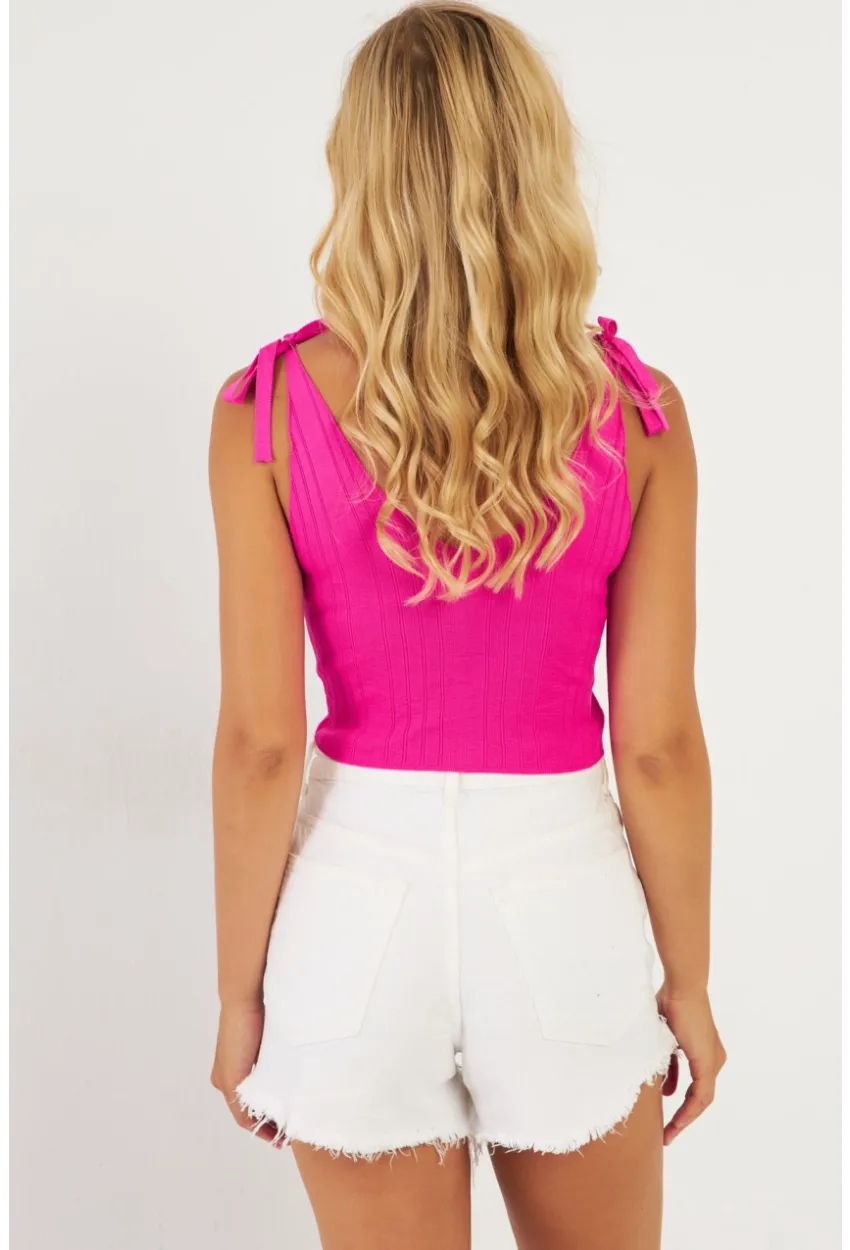 Kadın Fuşya Omuzları Bağlamalı Triko Bluz YV260