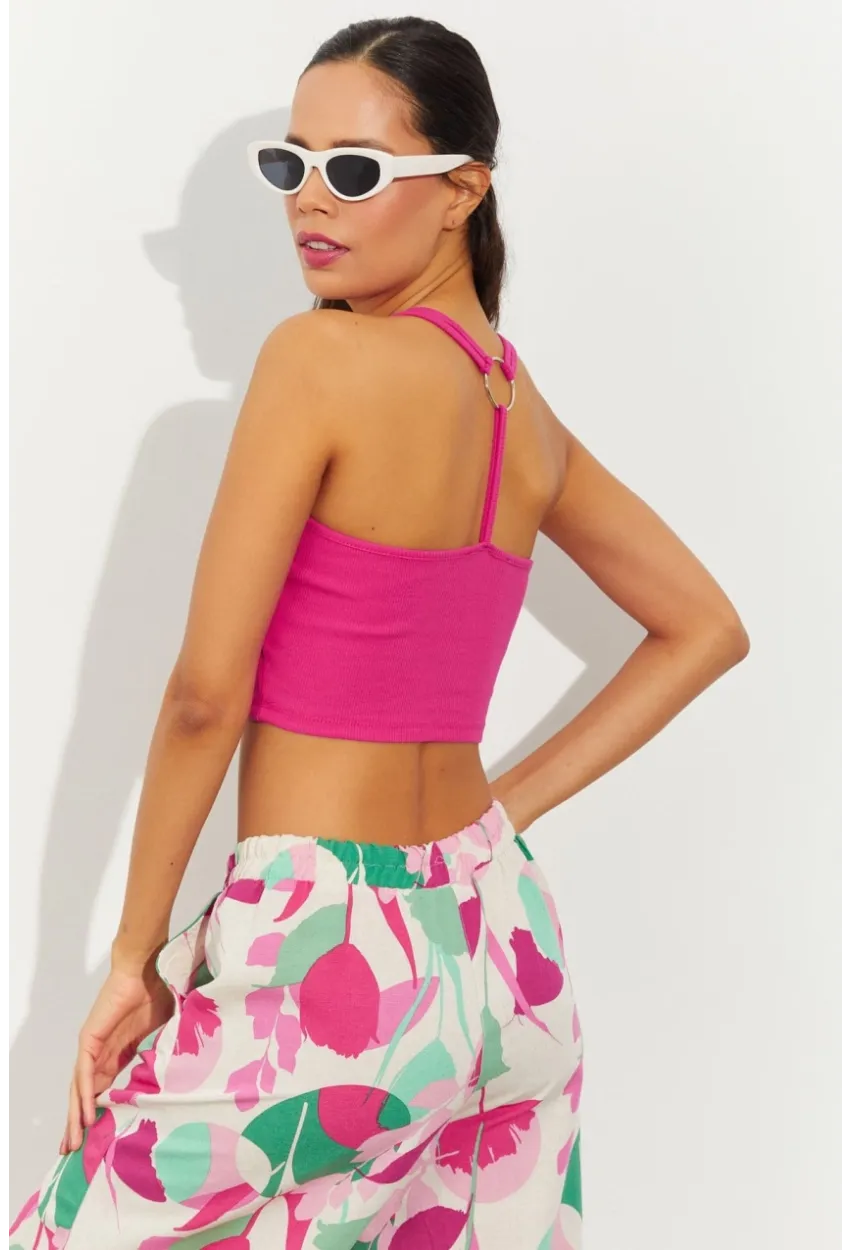 Kadın Fuşya Sırtı Halkalı Kaşkorse Crop Bluz B2552