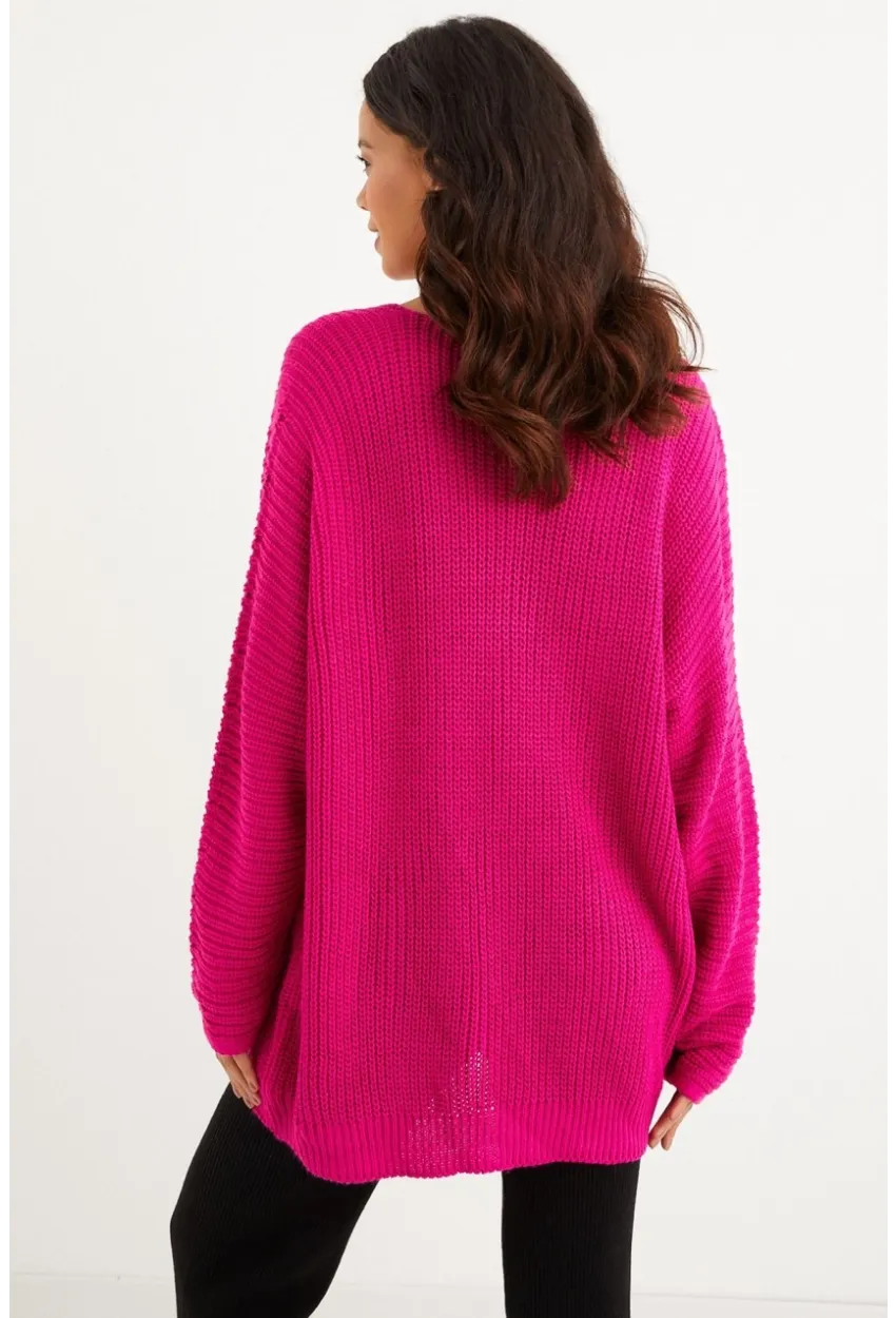 Kadın Fuşya V Yaka Salaş Oversize Triko Tunik SMT158