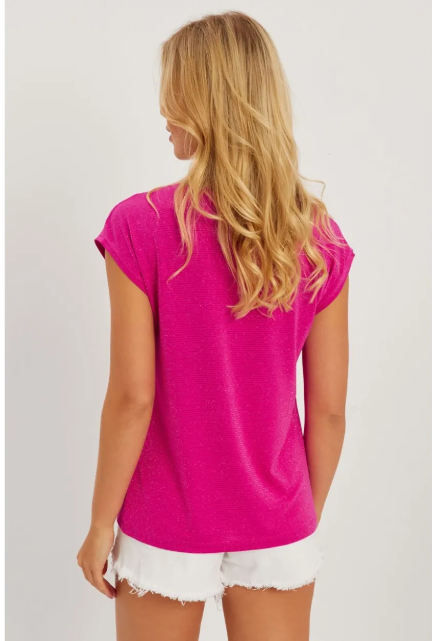 Kadın Fuşya V Yaka Simli Bluz RX436