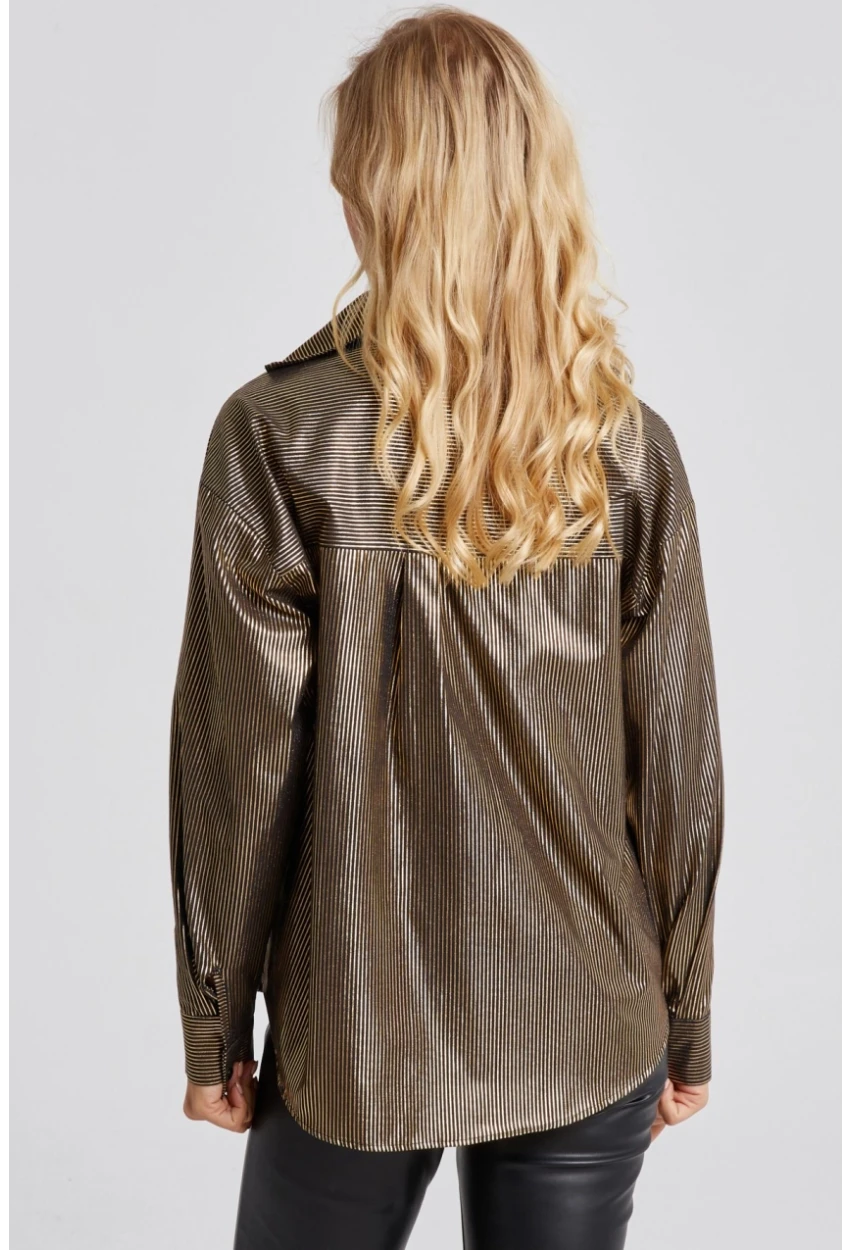 Kadın Gold Rengi Çizgili Parlak Gömlek SF2531