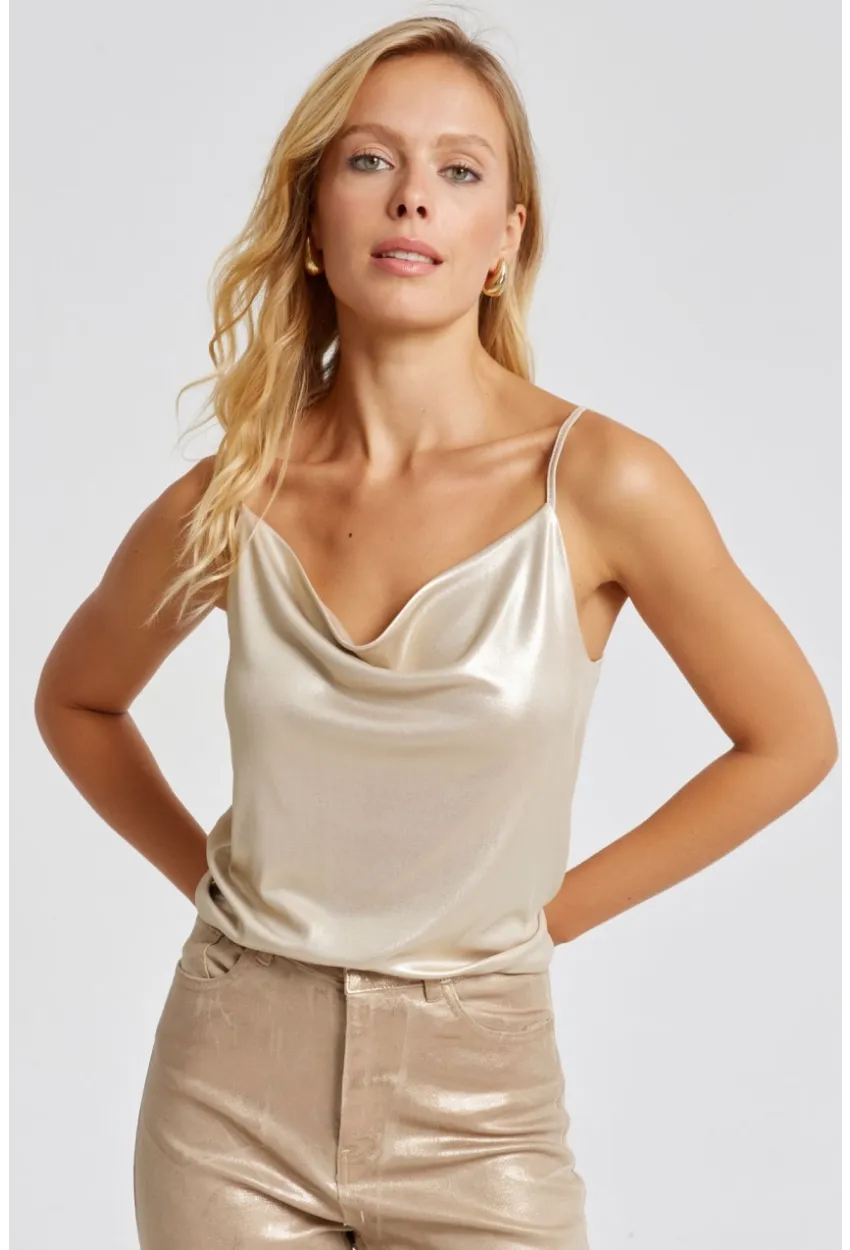 Kadın Gold Rengi Degaje Yaka Lurex Bluz LPP1250