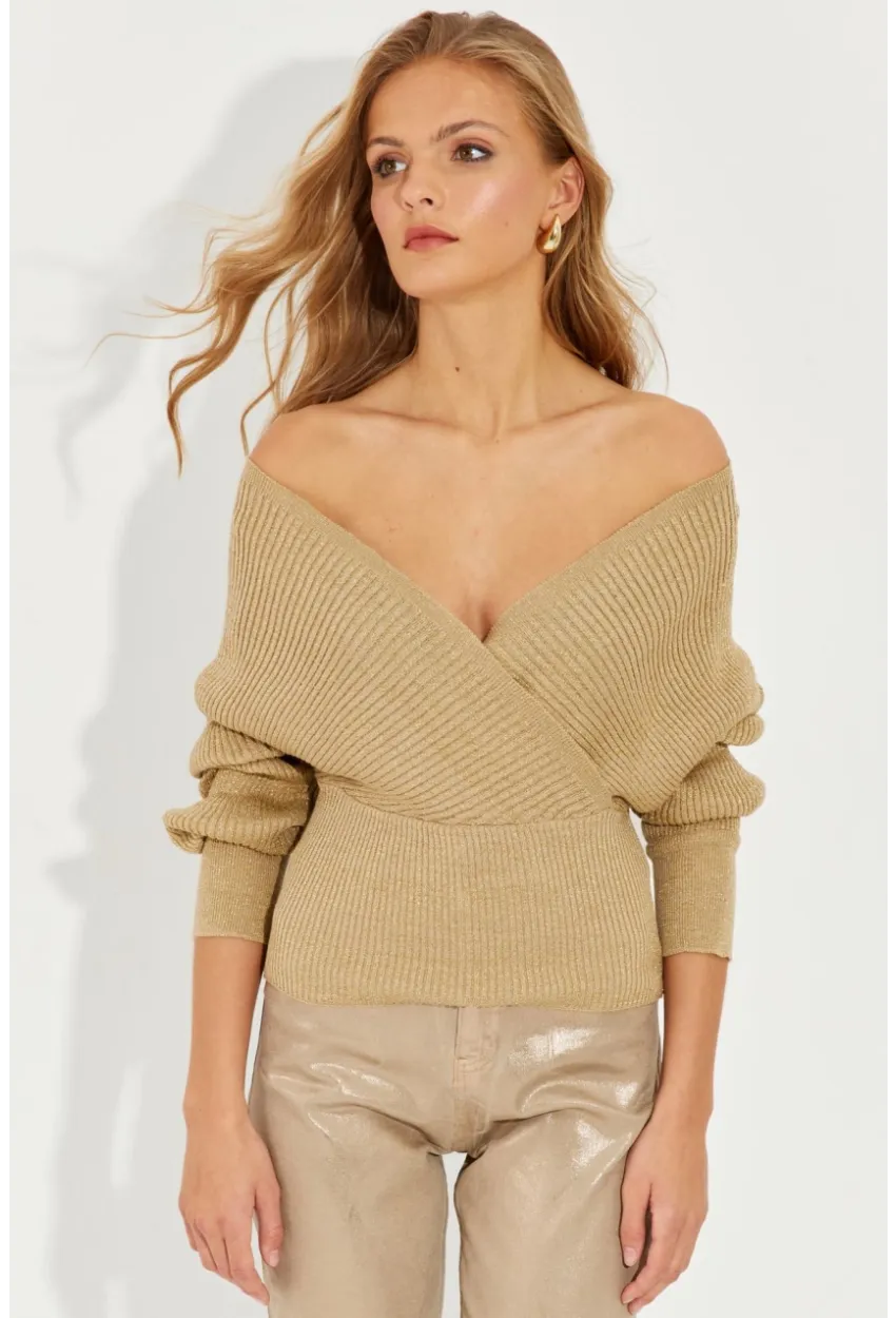 Kadın Gold Rengi Kruvaze Simli Kazak KED125