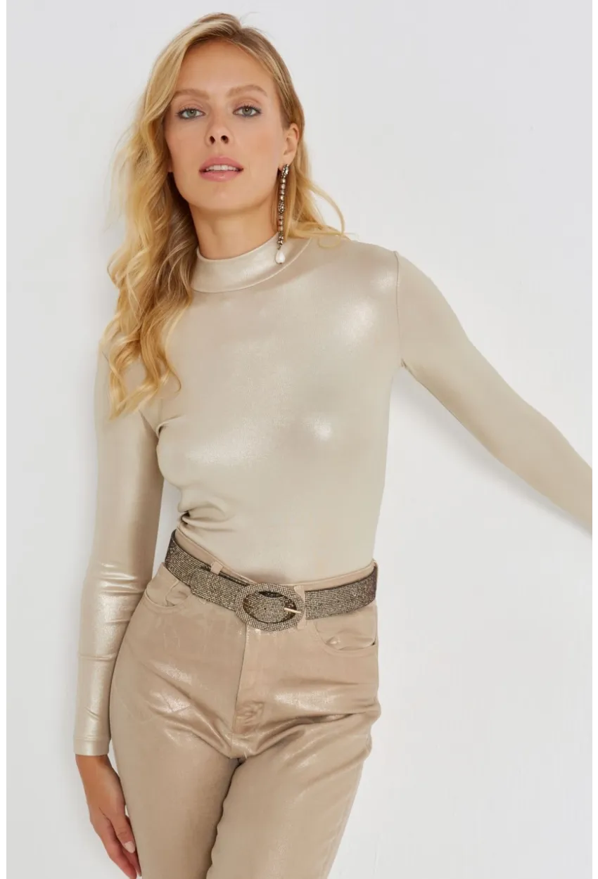 Kadın Gold Rengi Parlak Bluz LPP1245