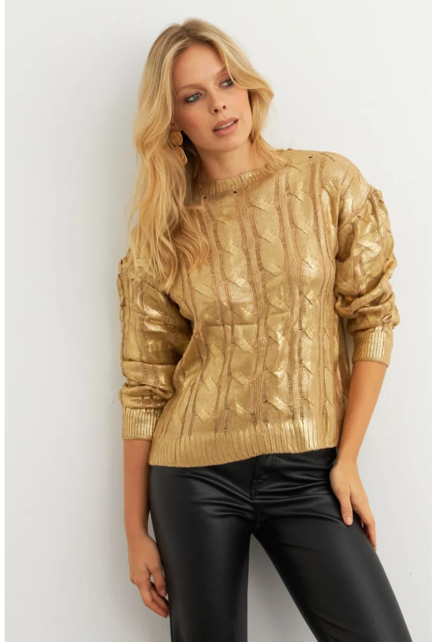 Kadın Gold Rengi Saç Örgülü Vatkalı Triko Bluz RM618