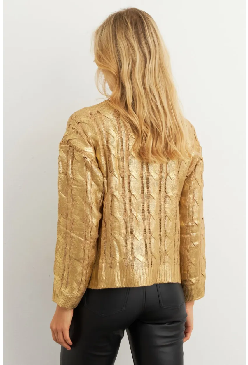 Kadın Gold Rengi Saç Örgülü Vatkalı Triko Bluz RM618