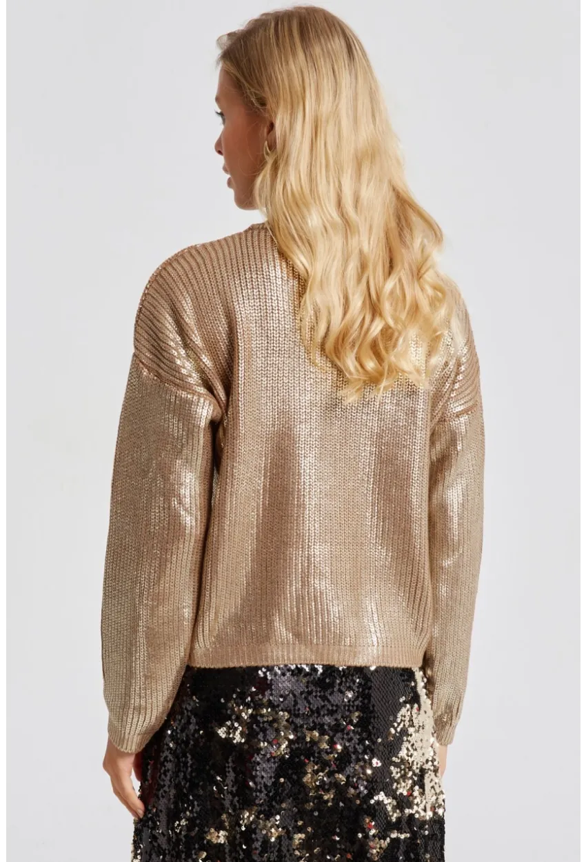 Kadın Gold Rengi Varakli Triko Bluz SF2530
