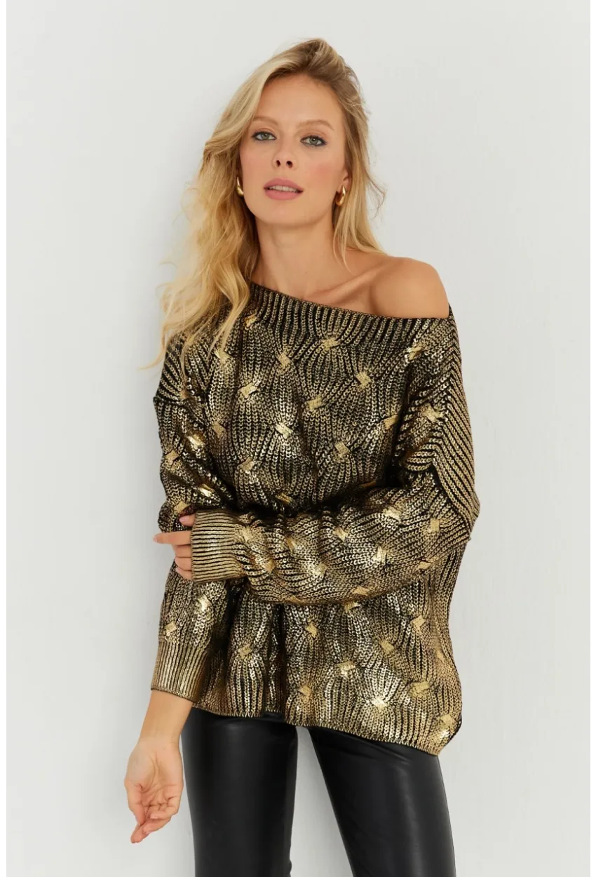 Kadın Gold Rengi Varaklı Triko Kazak SF2533