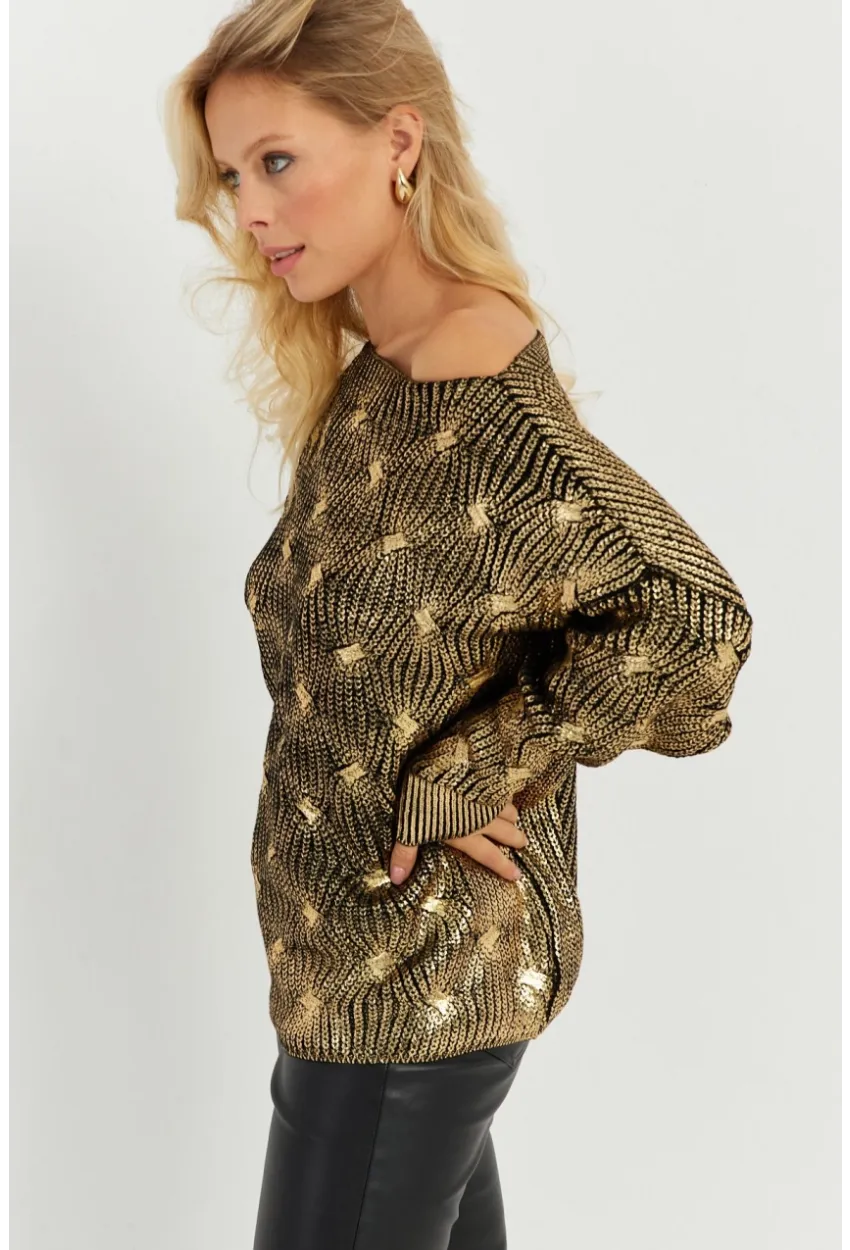 Kadın Gold Rengi Varaklı Triko Kazak SF2533