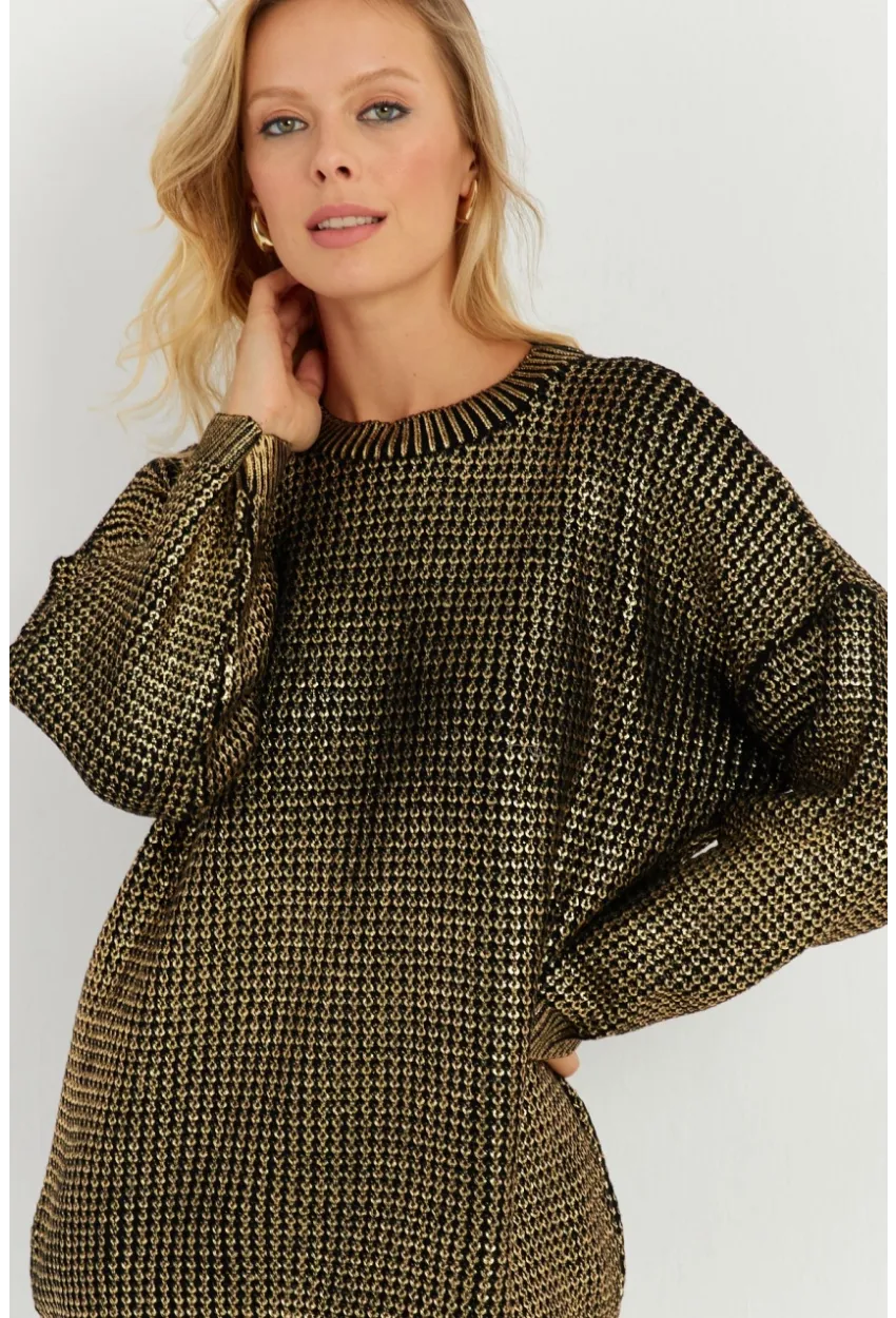 Kadın Gold Rengi Varaklı Triko Kazak SF2534