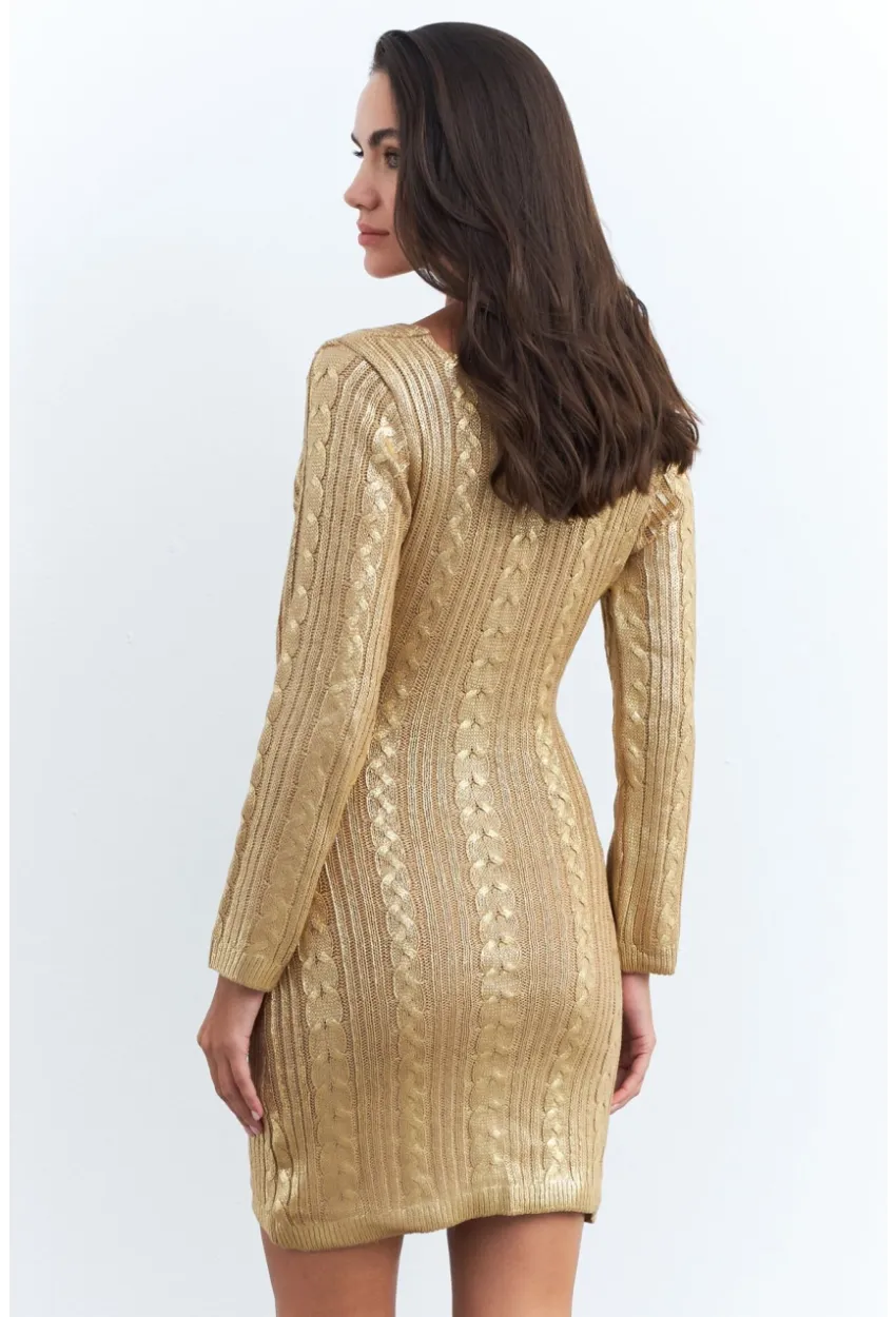 Kadın Gold Varaklı Saç Örgülü Midi Elbise RM05