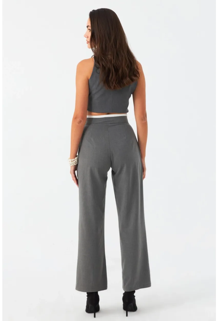 Kadın Gri Beli Bağlamalı Palazzo Pantolon ELA3972