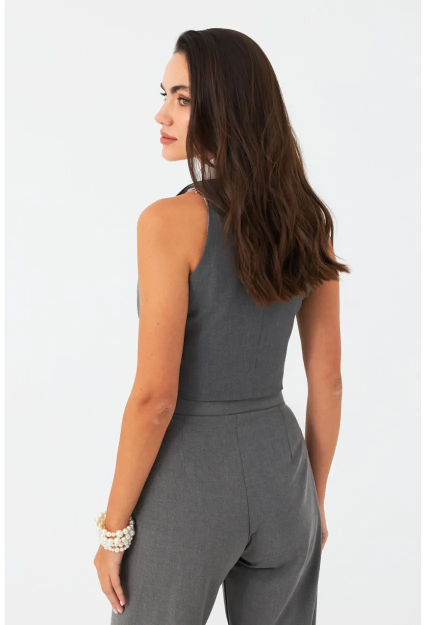 Kadın Gri-Beyaz Yaka Detaylı Astarlı Yelek ELA6823