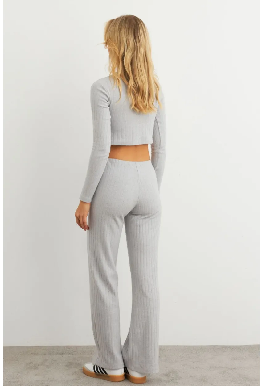 Kadın Gri Crop Üstlü İkili Pantolon Takım XL10052