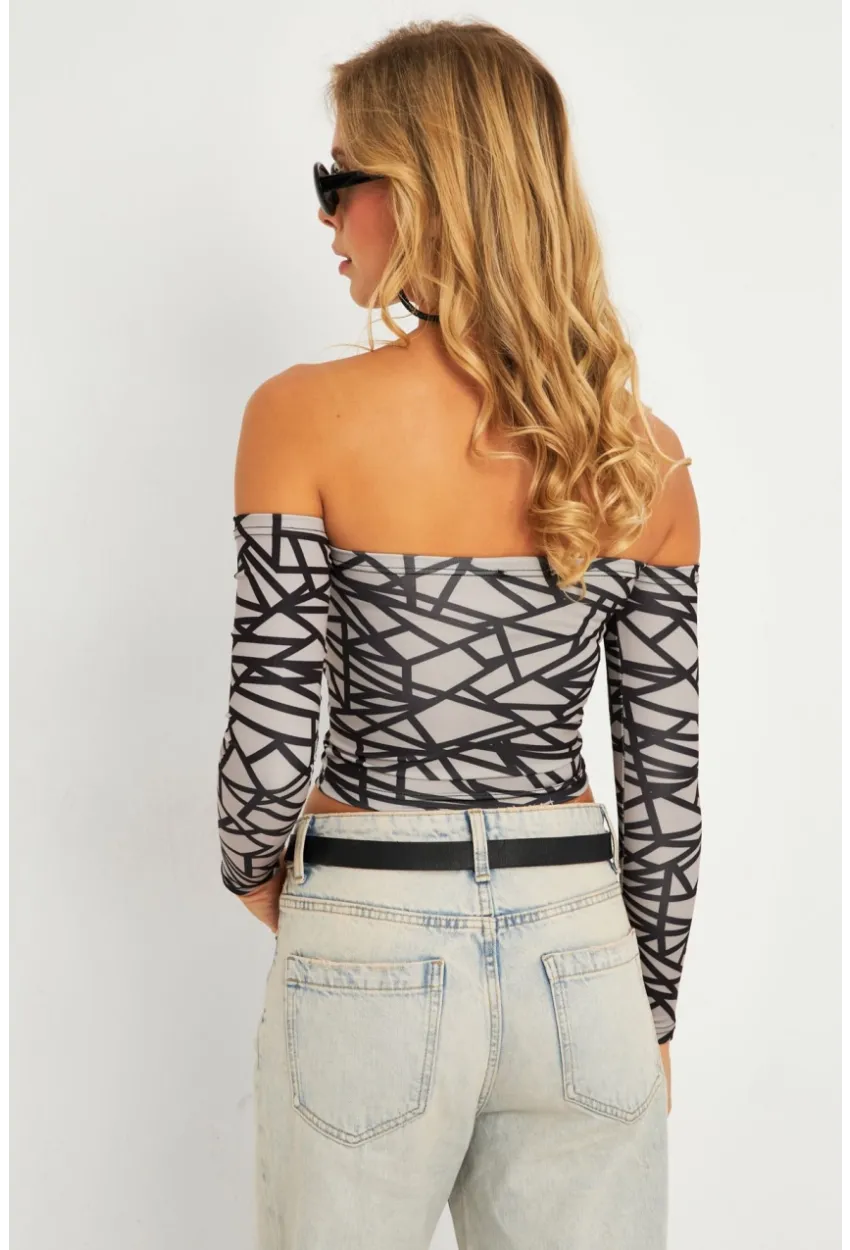 Kadın Gri Desenli Crop Bluz CG378