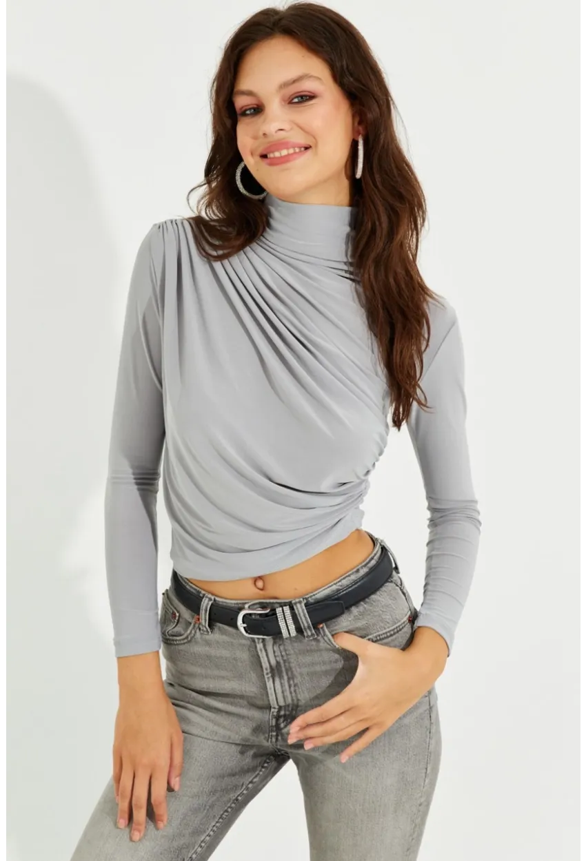 Kadın Gri Drapeli Bluz LPP1226