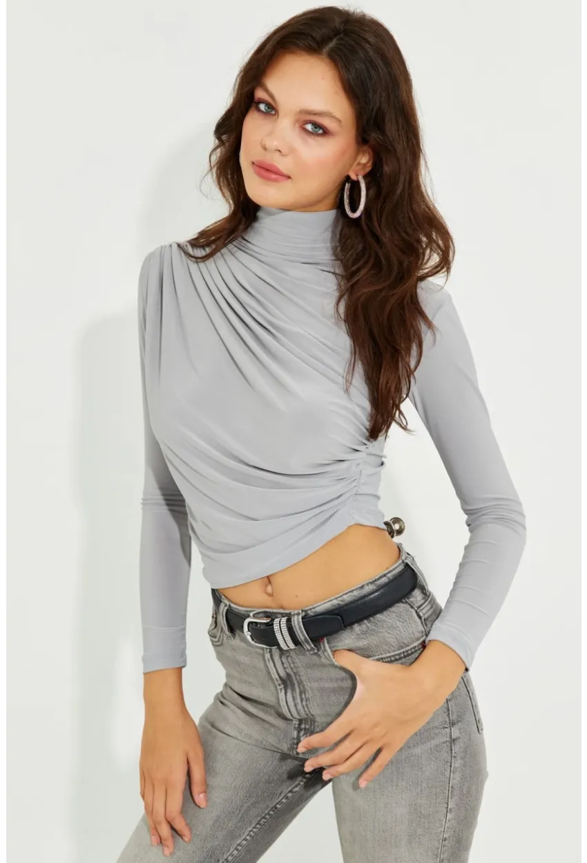 Kadın Gri Drapeli Bluz LPP1226