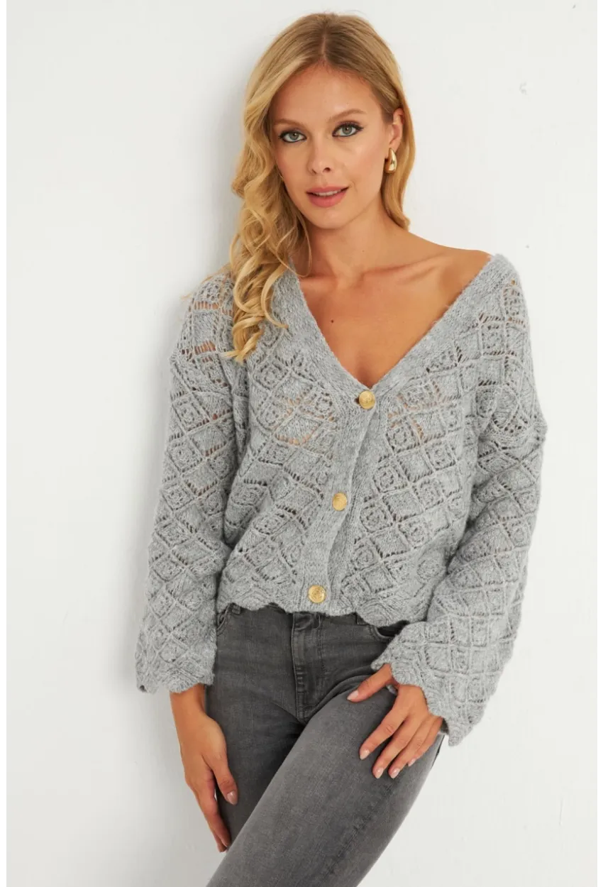 Kadın Gri Düğme Detaylı Hırka YV276