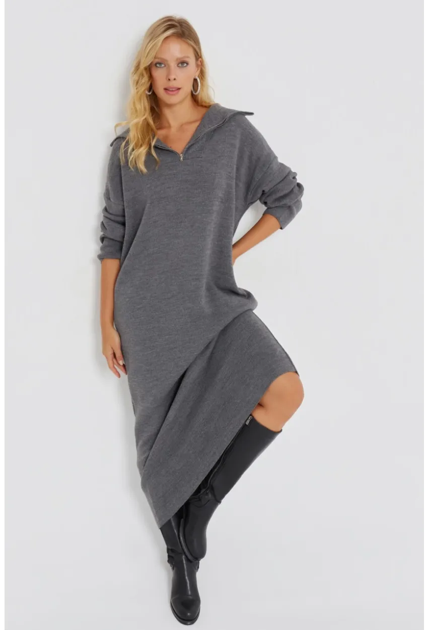 Kadın Gri Fermuarlı Triko Maxi Elbise SF2525