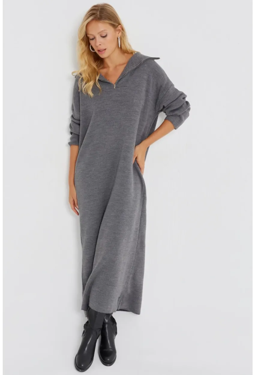 Kadın Gri Fermuarlı Triko Maxi Elbise SF2525