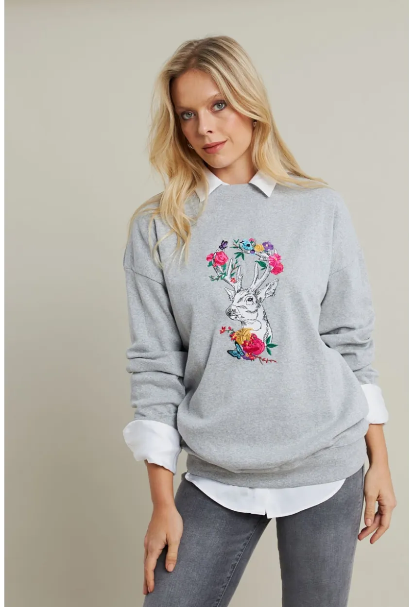 Kadın Gri-Fuşya Nakışlı Sweatshirt YLE20